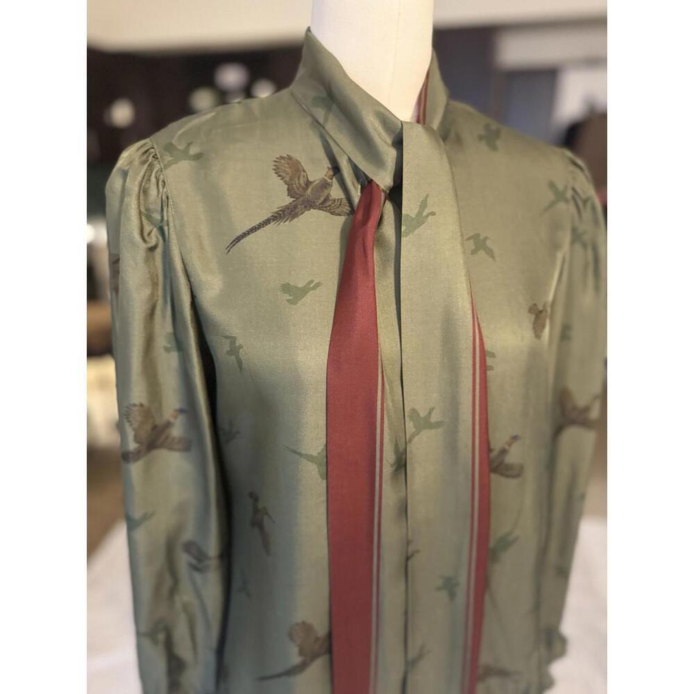 Vntg Gloria Sacks NY 100% Silk Blouse Top Bow Tie Olive Green 10 Or L Union Made - Picture 2 of 9